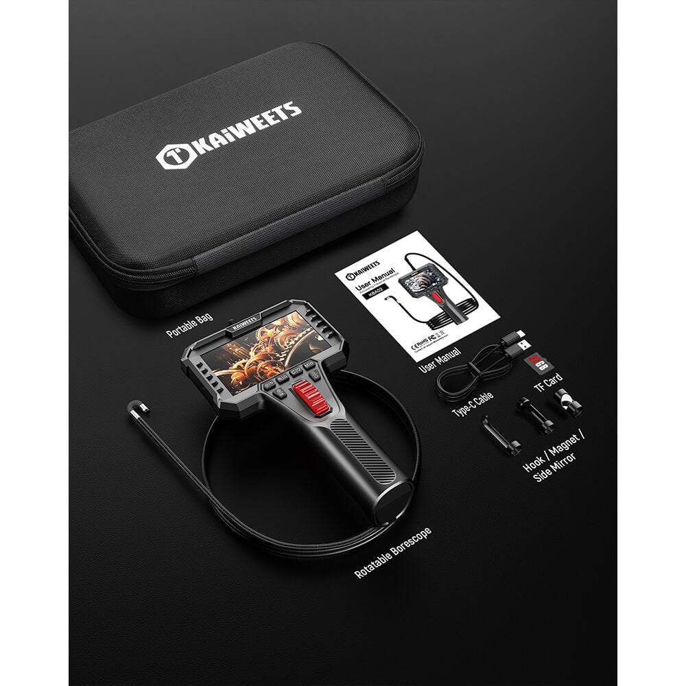 Full set of KAIWEETS KBA02 two-way articulating borescope camera with accessories including carrying case, probe, and attachments