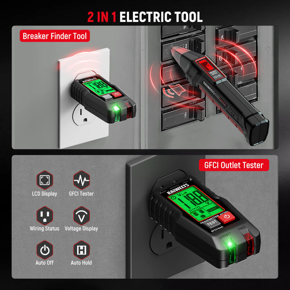 KT301P is a 2-in-1 electric tool combining a digital circuit breaker finder and GFCI outlet tester.