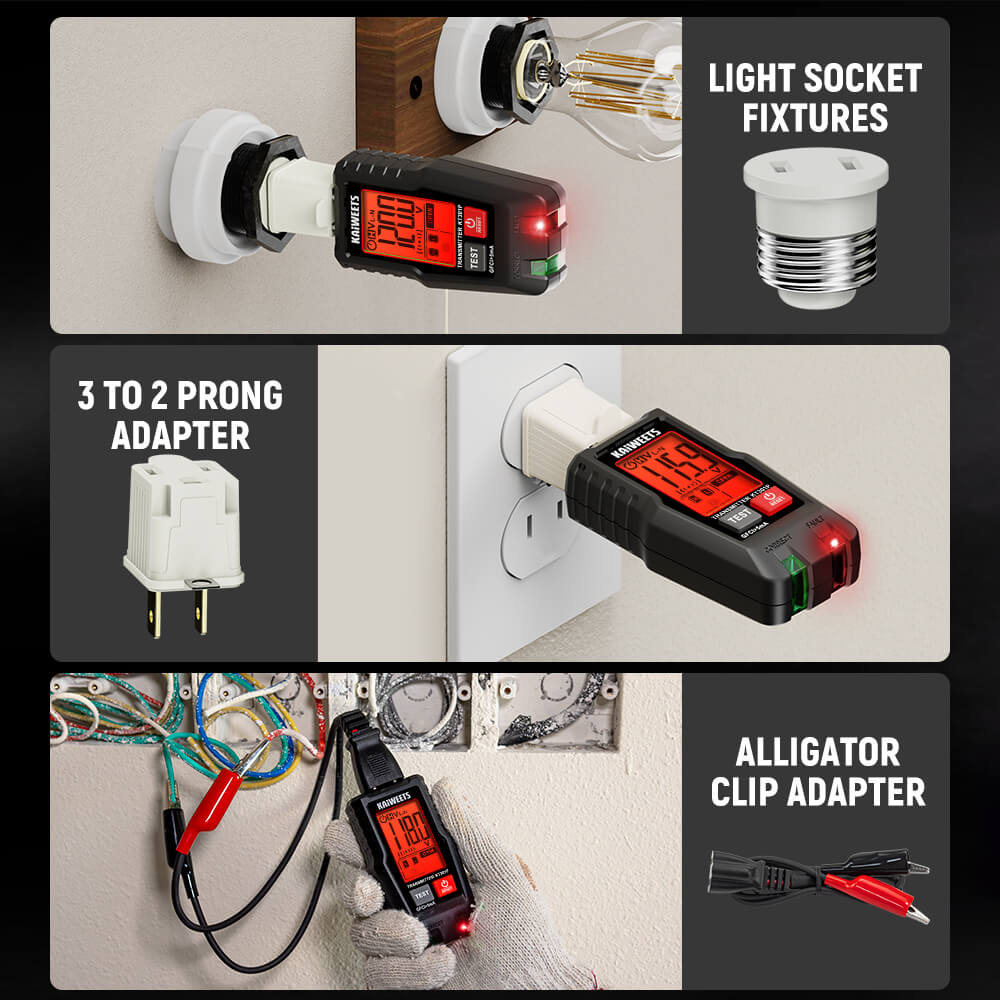 KT301P includes 3-prong to 2-prong adapter, light socket adapter, and alligator clip adapter for versatile circuit testing.