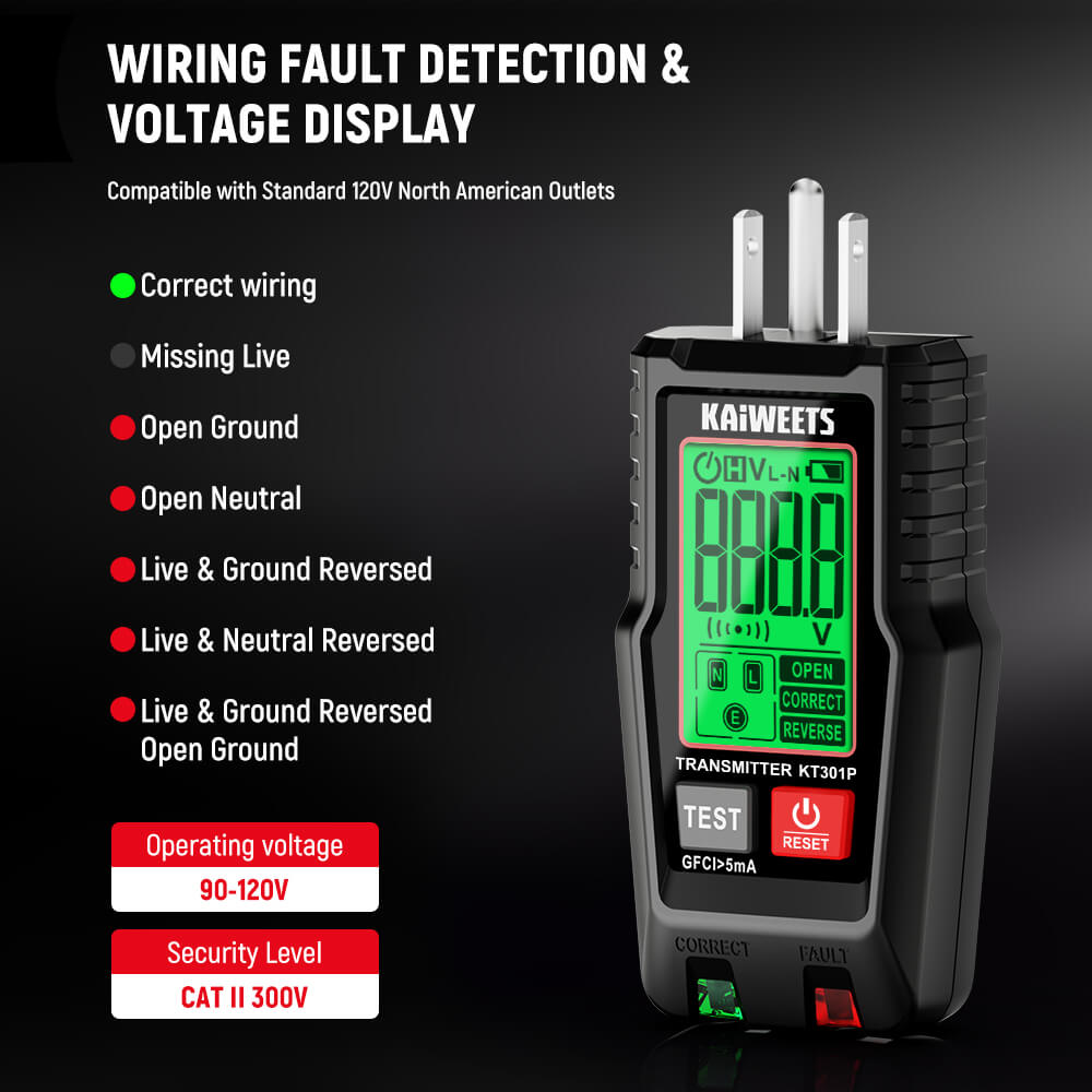 KT301P GFCI outlet tester with wiring fault detection and real-time voltage display.