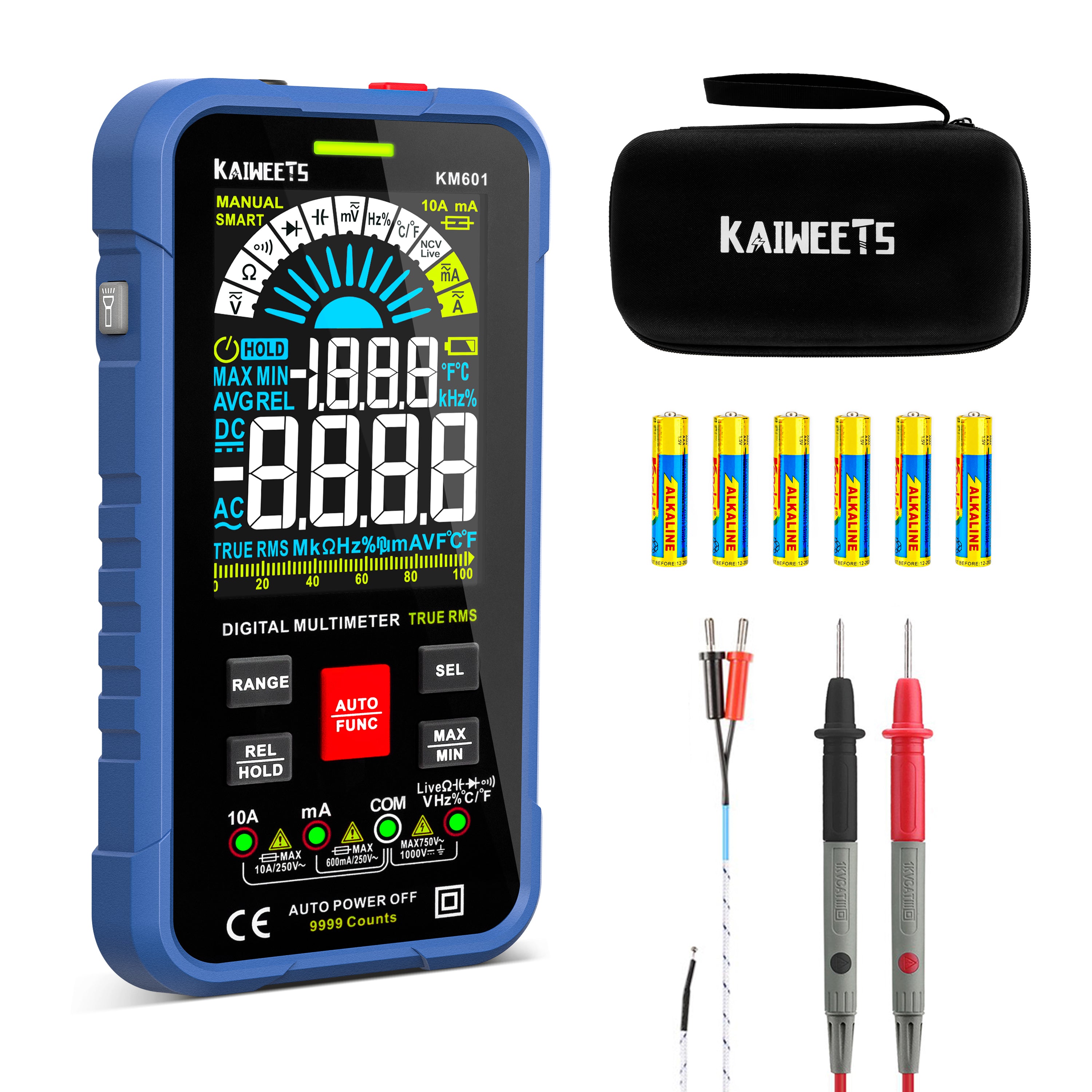 KAIWEETS KM601 Auto-Ranging Digital Multimeter, Smart Multimer with Colorful LCD Screen, 9999 Counts True-RMS Meter