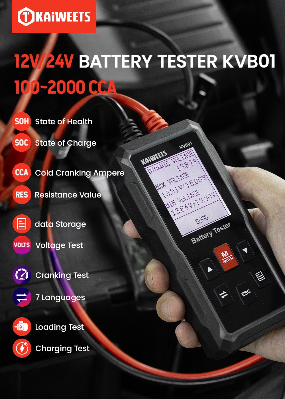 KAIWEETS KVB01 12V 24V Auto-Batterie-Tester, 100-2000 CCA, Anfahr