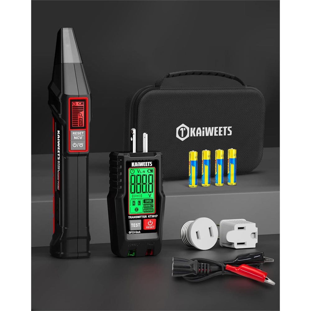KT301P full kit with circuit breaker finder, GFCI outlet tester, adapters, and carrying case.